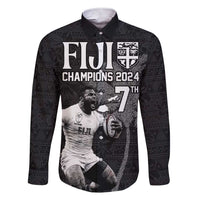 Custom Fiji Rugby Pacific Champions 2024 Family Matching Short Sleeve Bodycon Dress and Hawaiian Shirt Anniversary 7 Titles - Fijians Rugby and Tapa Hibiscus Black Art LT03 Dad's Shirt - Long Sleeve Black - Polynesian Pride