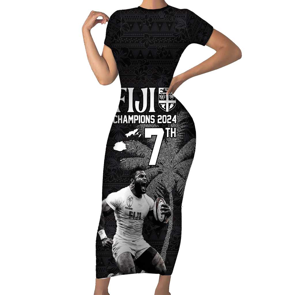 Custom Fiji Rugby Pacific Champions 2024 Family Matching Short Sleeve Bodycon Dress and Hawaiian Shirt Anniversary 7 Titles - Fijians Rugby and Tapa Hibiscus Black Art LT03 Mom's Dress Black - Polynesian Pride