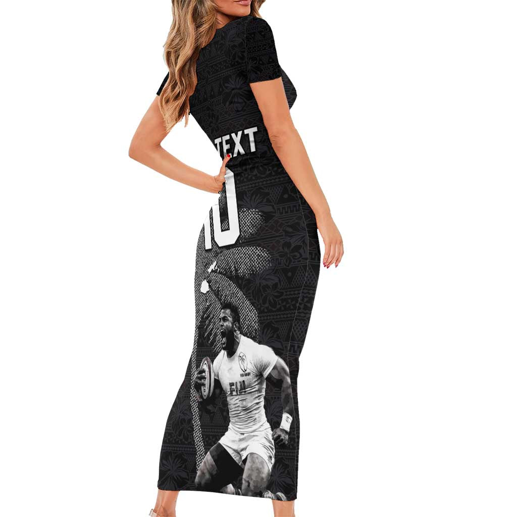 Custom Fiji Rugby Pacific Champions 2024 Family Matching Short Sleeve Bodycon Dress and Hawaiian Shirt Anniversary 7 Titles - Fijians Rugby and Tapa Hibiscus Black Art LT03 - Polynesian Pride
