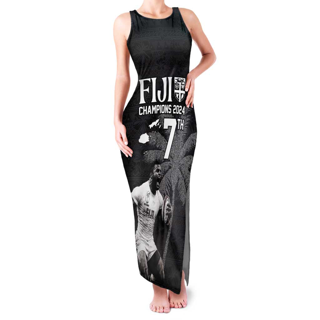 Custom Fiji Rugby Pacific Champions 2024 Family Matching Tank Maxi Dress and Hawaiian Shirt Anniversary 7 Titles - Fijians Rugby and Tapa Hibiscus Black Art LT03 Mom's Dress Black - Polynesian Pride