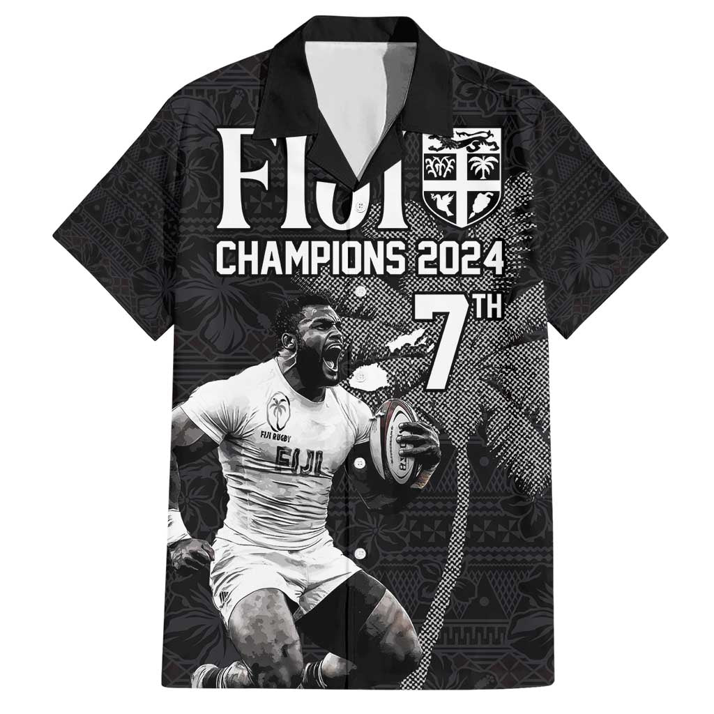 Custom Fiji Rugby Pacific Champions 2024 Hawaiian Shirt Anniversary 7 Titles - Fijians Rugby and Tapa Hibiscus Black Art LT03 Black - Polynesian Pride