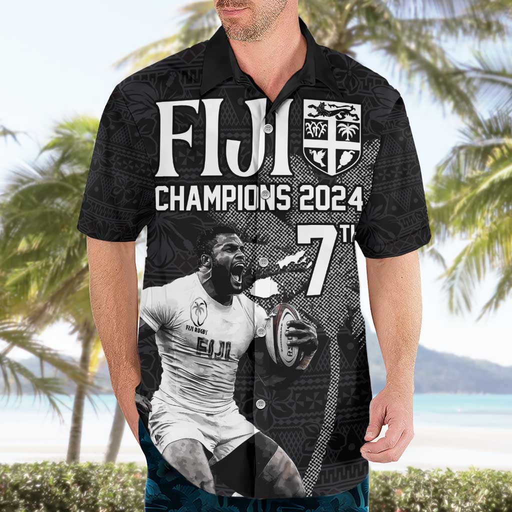 Custom Fiji Rugby Pacific Champions 2024 Hawaiian Shirt Anniversary 7 Titles - Fijians Rugby and Tapa Hibiscus Black Art LT03 - Polynesian Pride