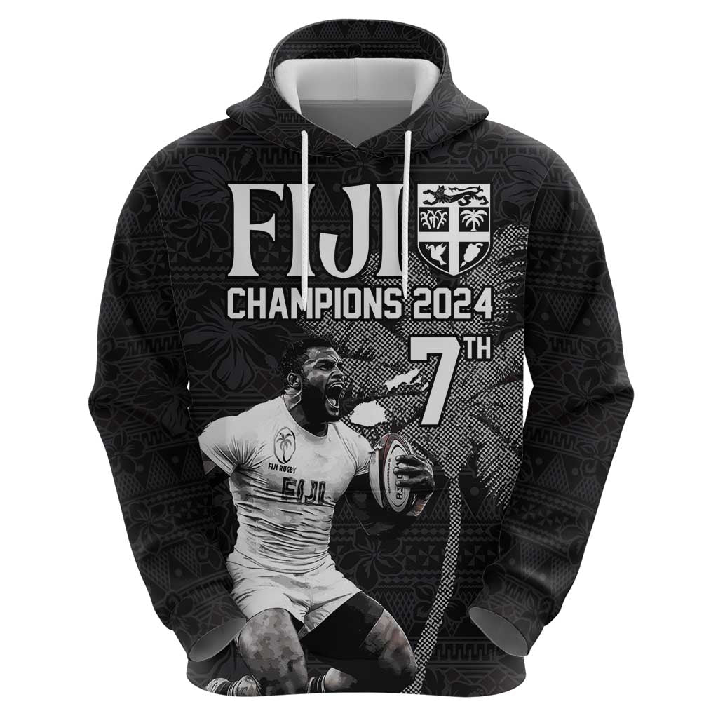 Custom Fiji Rugby Pacific Champions 2024 Hoodie Anniversary 7 Titles - Fijians Rugby and Tapa Hibiscus Black Art LT03 - Polynesian Pride
