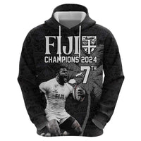Custom Fiji Rugby Pacific Champions 2024 Hoodie Anniversary 7 Titles - Fijians Rugby and Tapa Hibiscus Black Art LT03 - Polynesian Pride