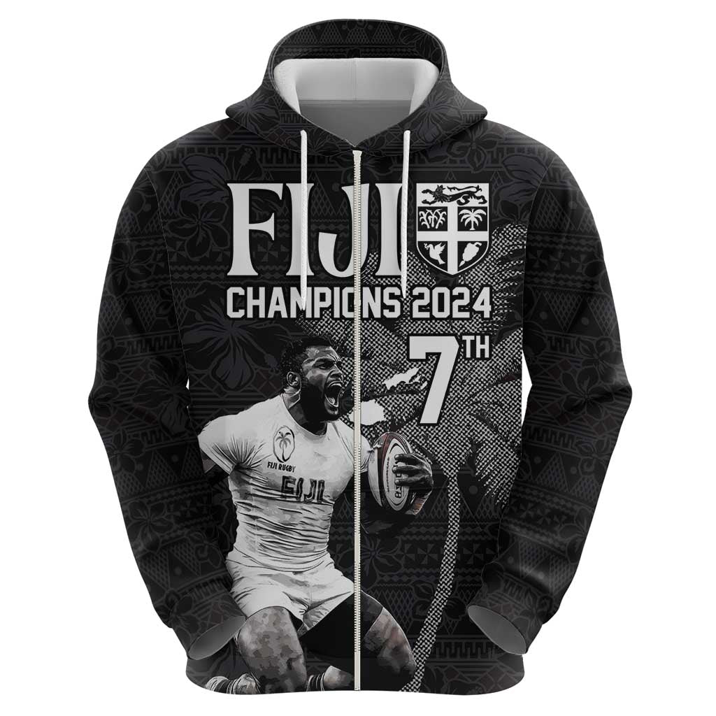 Custom Fiji Rugby Pacific Champions 2024 Hoodie Anniversary 7 Titles - Fijians Rugby and Tapa Hibiscus Black Art LT03 - Polynesian Pride