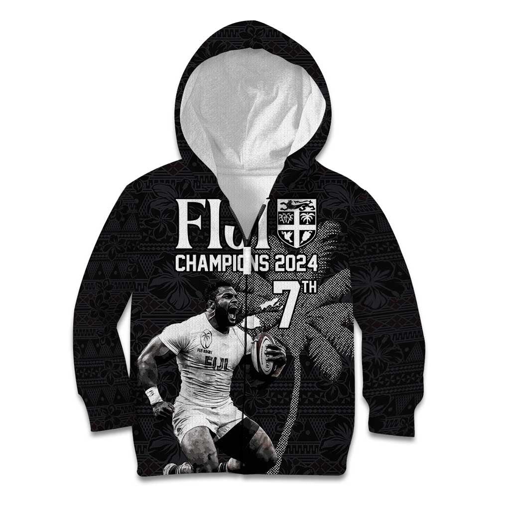 Custom Fiji Rugby Pacific Champions 2024 Kid Hoodie Anniversary 7 Titles - Fijians Rugby and Tapa Hibiscus Black Art LT03 Zip Hoodie Black - Polynesian Pride
