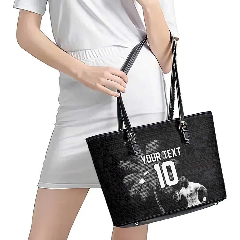 Custom Fiji Rugby Pacific Champions 2024 Leather Tote Bag Anniversary 7 Titles - Fijians Rugby and Tapa Hibiscus Black Art
