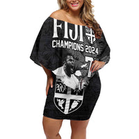 Custom Fiji Rugby Pacific Champions 2024 Off Shoulder Short Dress Anniversary 7 Titles - Fijians Rugby and Tapa Hibiscus Black Art LT03 Women Black - Polynesian Pride