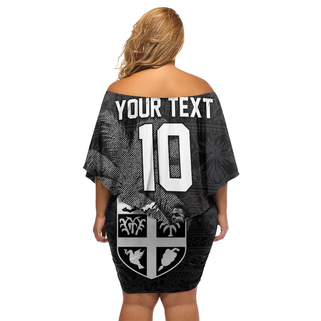 Custom Fiji Rugby Pacific Champions 2024 Off Shoulder Short Dress Anniversary 7 Titles - Fijians Rugby and Tapa Hibiscus Black Art LT03 - Polynesian Pride