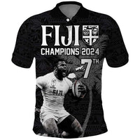 Custom Fiji Rugby Pacific Champions 2024 Polo Shirt Anniversary 7 Titles - Fijians Rugby and Tapa Hibiscus Black Art LT03 Black - Polynesian Pride