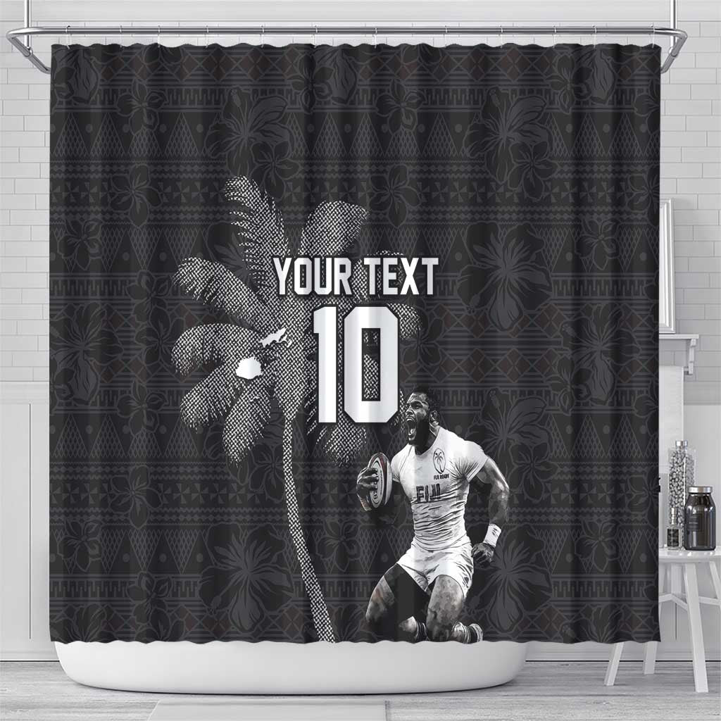Custom Fiji Rugby Pacific Champions 2024 Shower Curtain Anniversary 7 Titles - Fijians Rugby and Tapa Hibiscus Black Art LT03 - Polynesian Pride