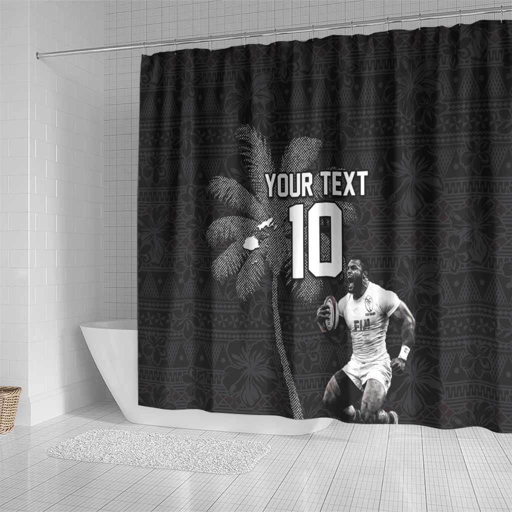 Custom Fiji Rugby Pacific Champions 2024 Shower Curtain Anniversary 7 Titles - Fijians Rugby and Tapa Hibiscus Black Art LT03 - Polynesian Pride