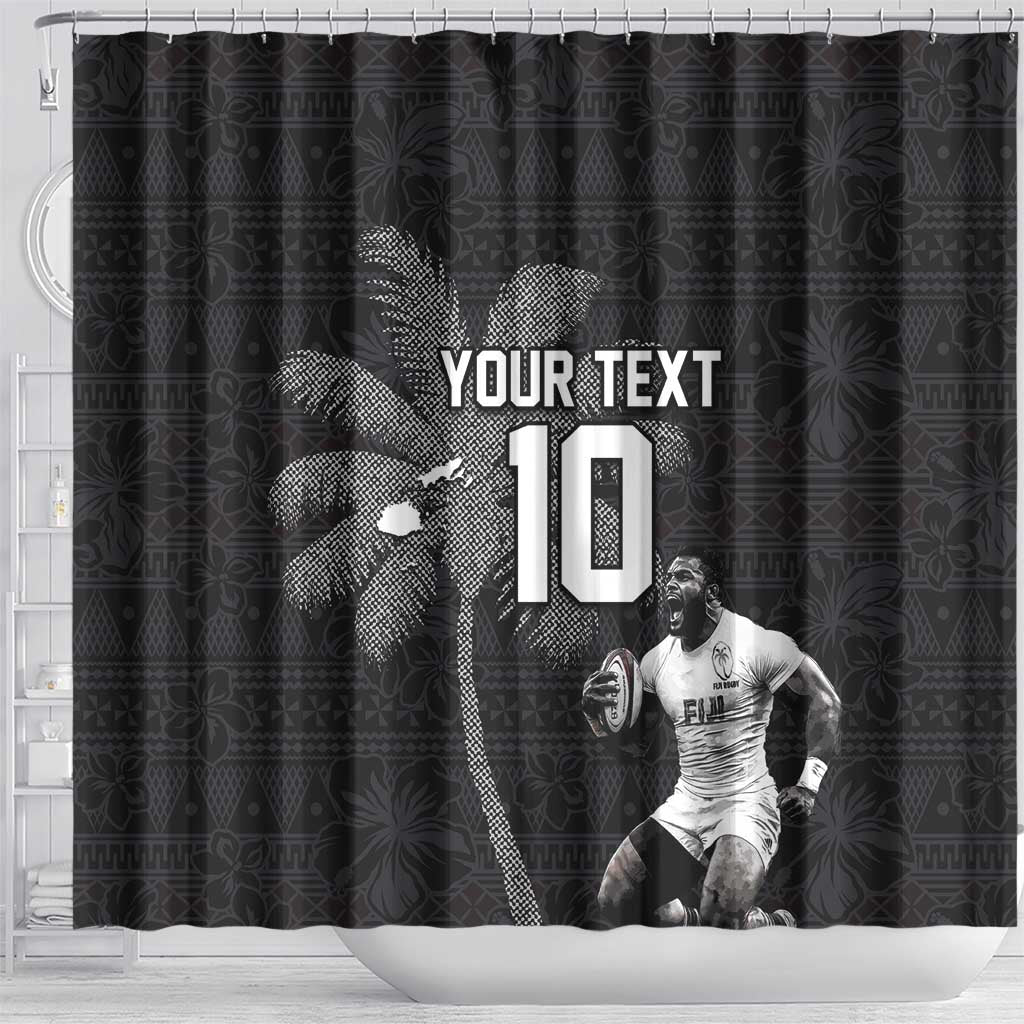 Custom Fiji Rugby Pacific Champions 2024 Shower Curtain Anniversary 7 Titles - Fijians Rugby and Tapa Hibiscus Black Art LT03 - Polynesian Pride