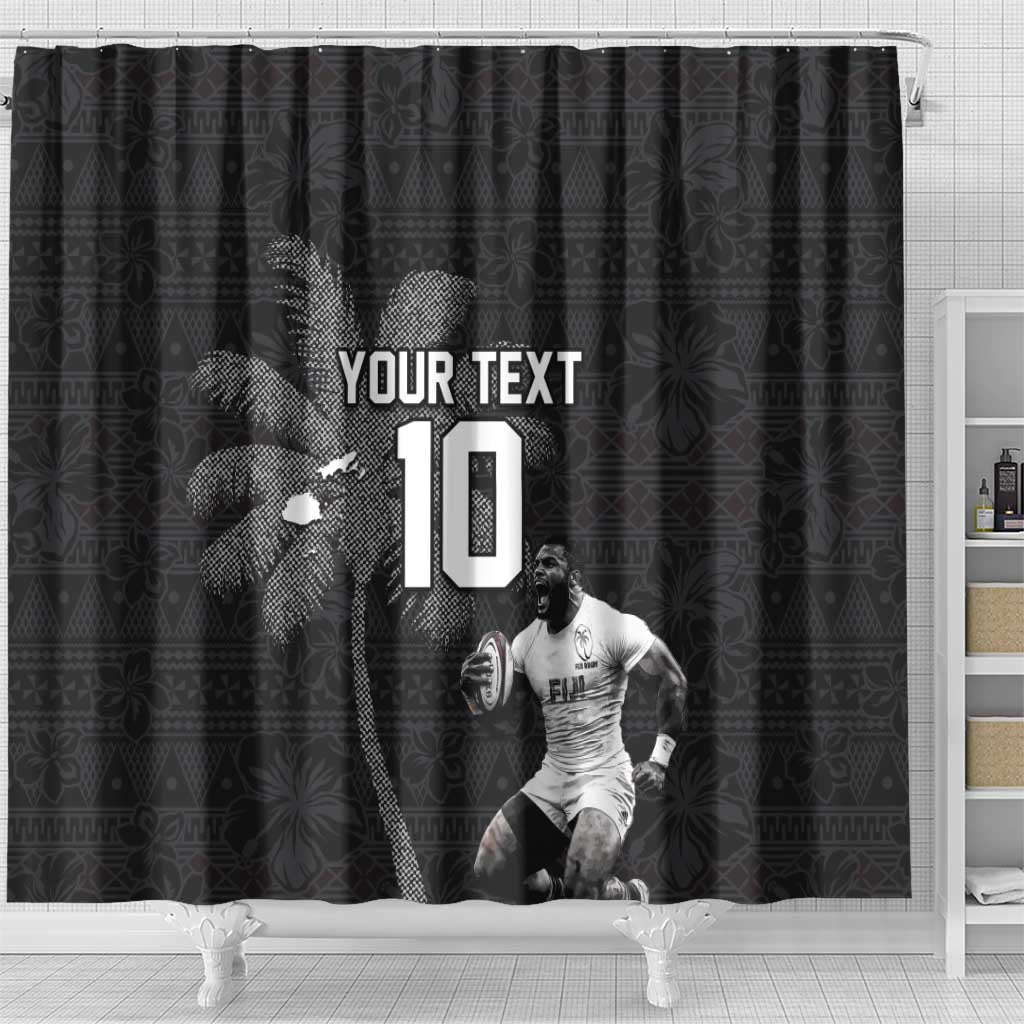Custom Fiji Rugby Pacific Champions 2024 Shower Curtain Anniversary 7 Titles - Fijians Rugby and Tapa Hibiscus Black Art LT03 - Polynesian Pride