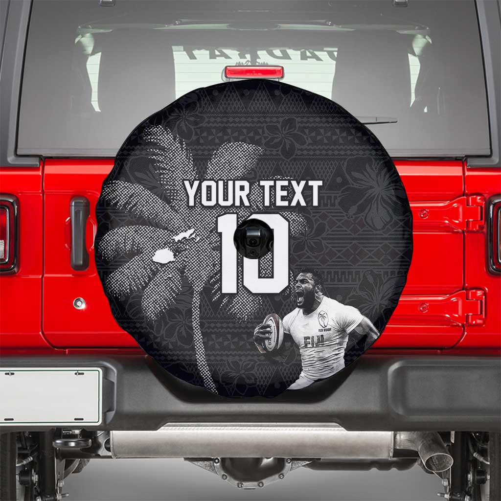 Custom Fiji Rugby Pacific Champions 2024 Spare Tire Cover Anniversary 7 Titles - Fijians Rugby and Tapa Hibiscus Black Art LT03 - Polynesian Pride