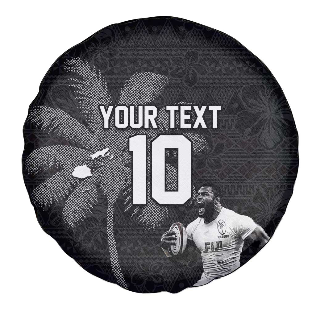 Custom Fiji Rugby Pacific Champions 2024 Spare Tire Cover Anniversary 7 Titles - Fijians Rugby and Tapa Hibiscus Black Art LT03 - Polynesian Pride