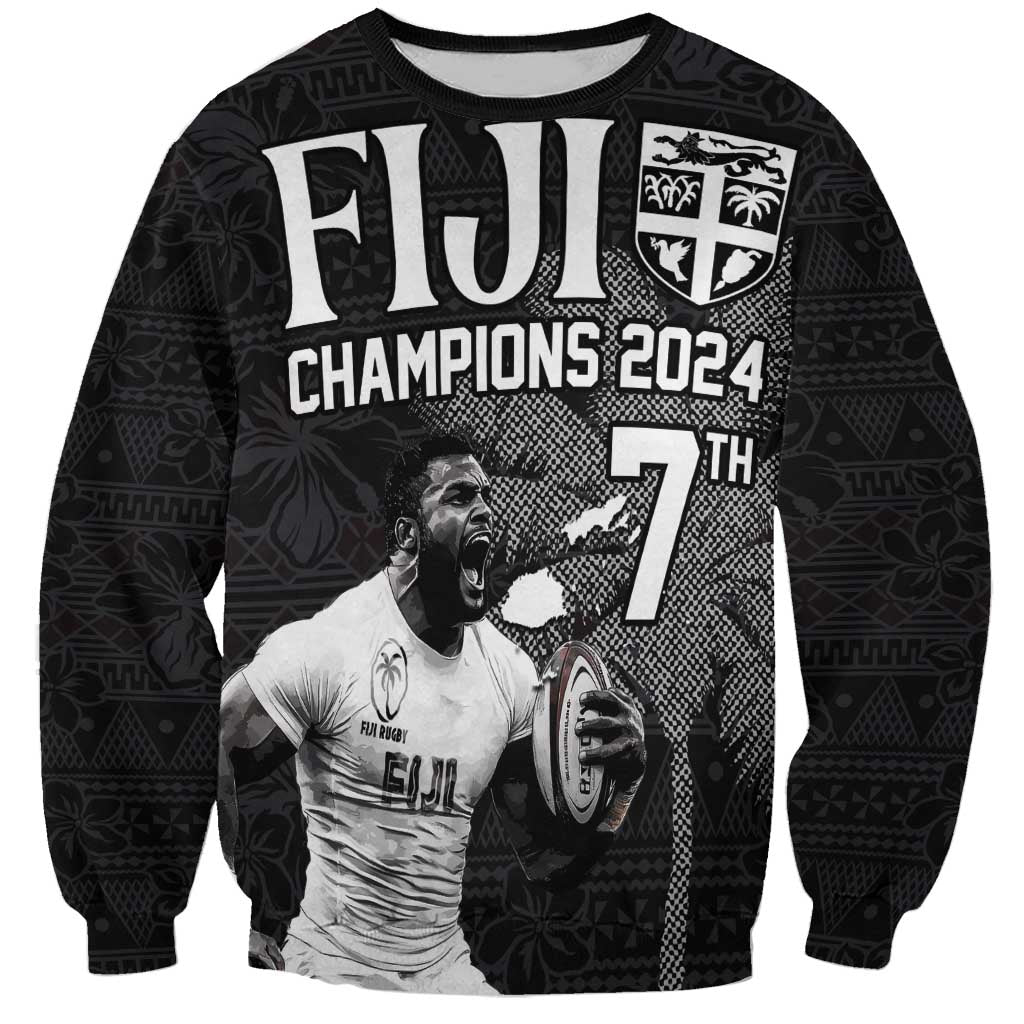 Custom Fiji Rugby Pacific Champions 2024 Sweatshirt Anniversary 7 Titles - Fijians Rugby and Tapa Hibiscus Black Art LT03 Unisex Black - Polynesian Pride