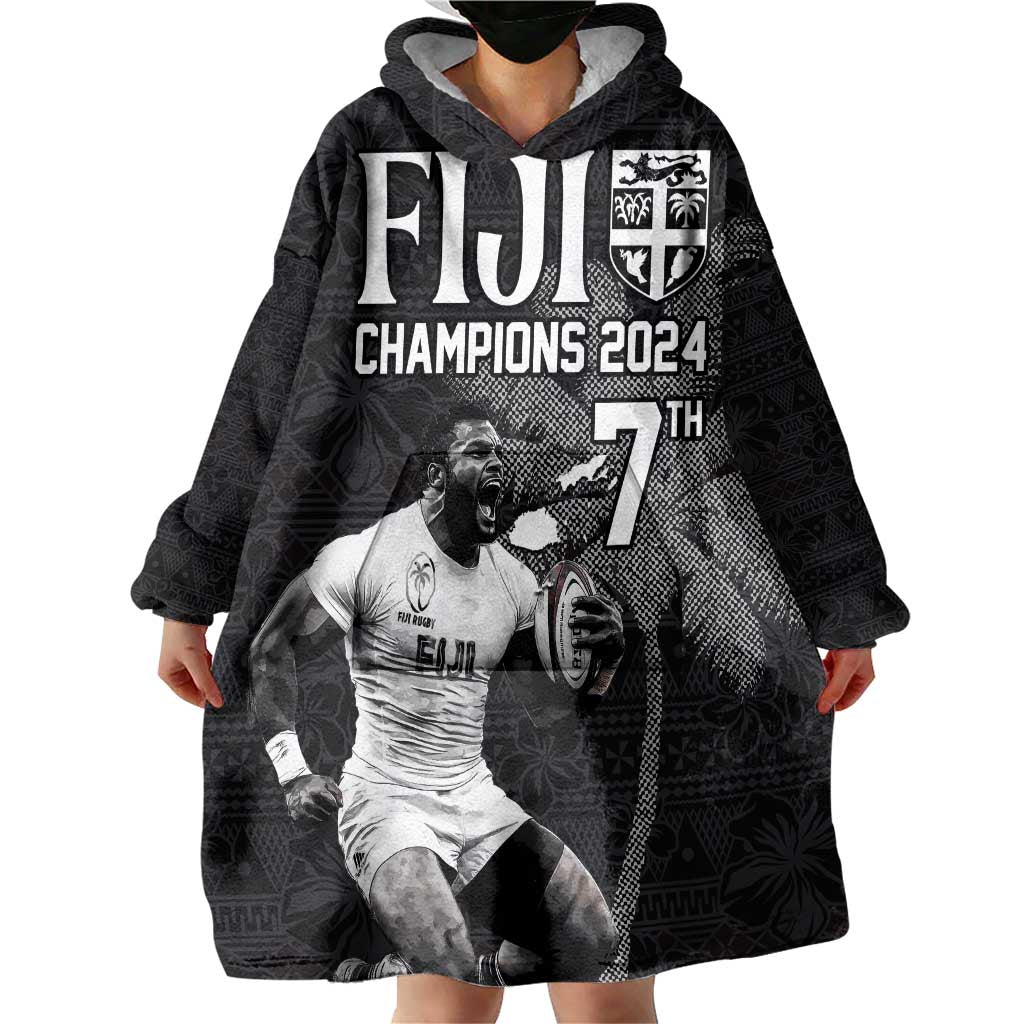 Custom Fiji Rugby Pacific Champions 2024 Wearable Blanket Hoodie Anniversary 7 Titles - Fijians Rugby and Tapa Hibiscus Black Art LT03 - Polynesian Pride