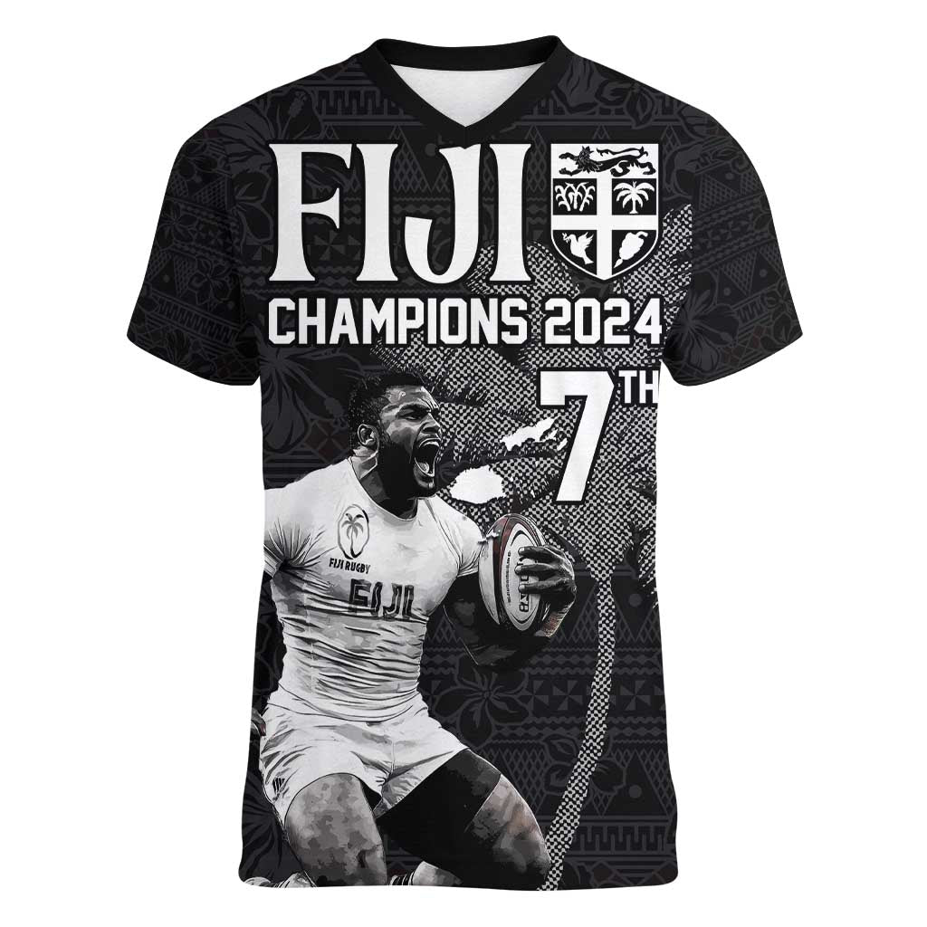 Custom Fiji Rugby Pacific Champions 2024 Women V-Neck T-Shirt Anniversary 7 Titles - Fijians Rugby and Tapa Hibiscus Black Art LT03 Female Black - Polynesian Pride