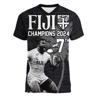 Custom Fiji Rugby Pacific Champions 2024 Women V-Neck T-Shirt Anniversary 7 Titles - Fijians Rugby and Tapa Hibiscus Black Art LT03 Female Black - Polynesian Pride