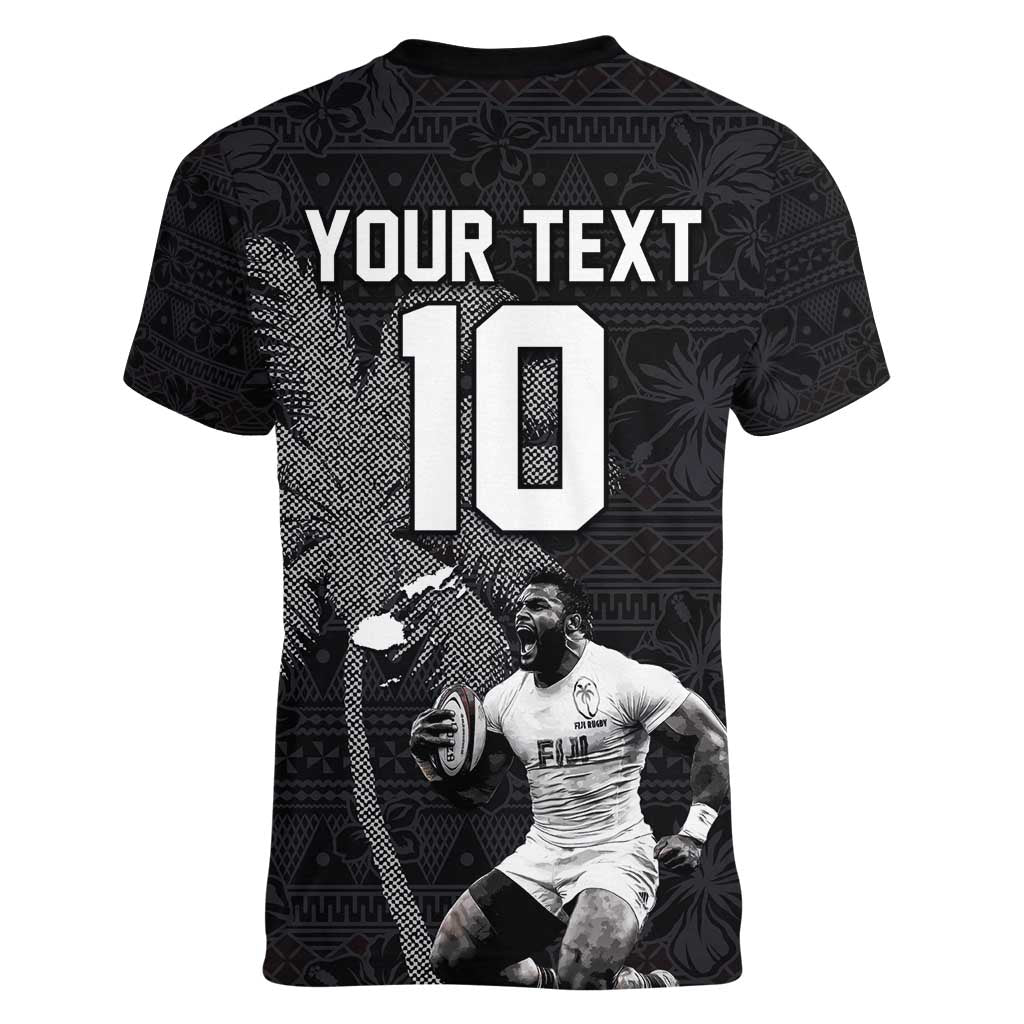 Custom Fiji Rugby Pacific Champions 2024 Women V-Neck T-Shirt Anniversary 7 Titles - Fijians Rugby and Tapa Hibiscus Black Art LT03 - Polynesian Pride