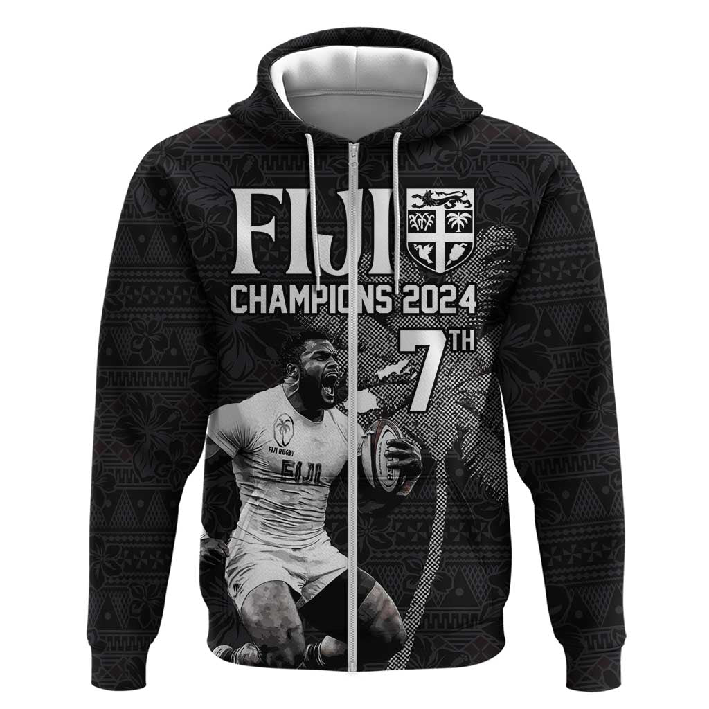 Custom Fiji Rugby Pacific Champions 2024 Zip Hoodie Anniversary 7 Titles - Fijians Rugby and Tapa Hibiscus Black Art LT03 Zip Hoodie Black - Polynesian Pride