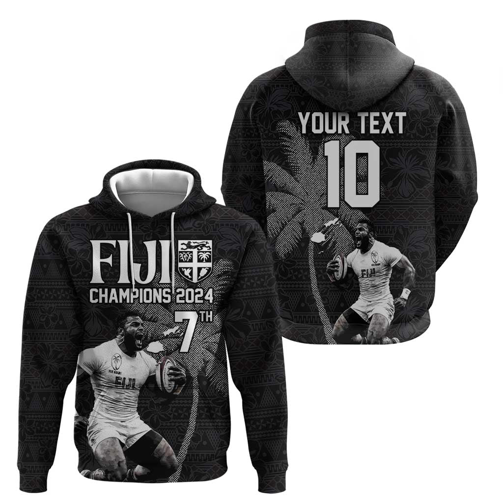 Custom Fiji Rugby Pacific Champions 2024 Zip Hoodie Anniversary 7 Titles - Fijians Rugby and Tapa Hibiscus Black Art LT03 - Polynesian Pride