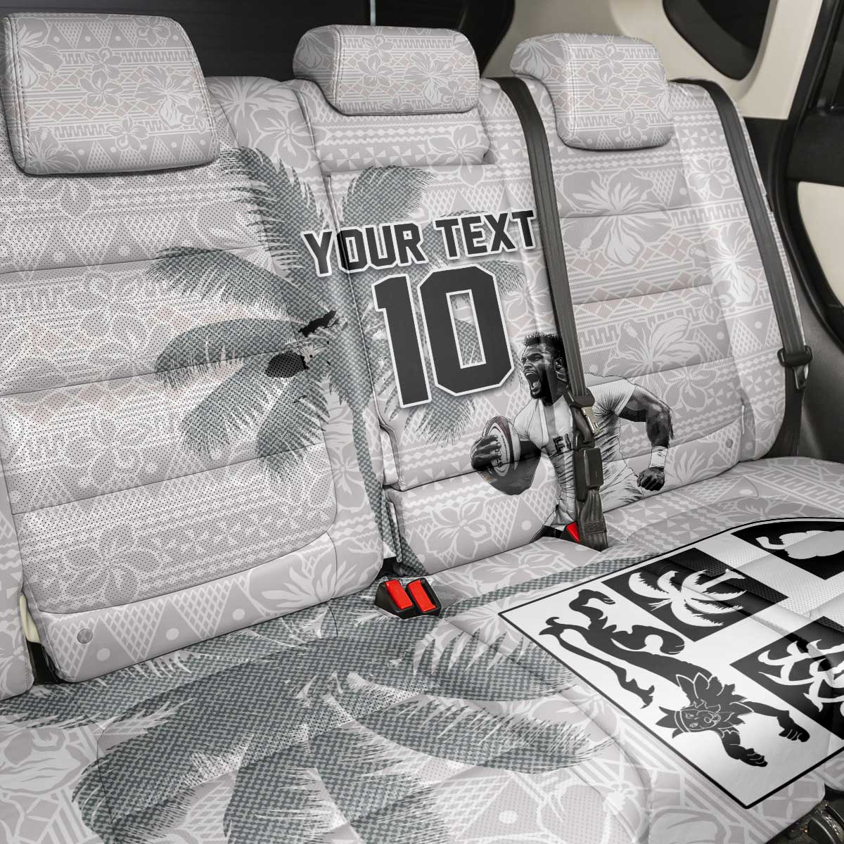 Custom Fiji Rugby Pacific Champions 2024 Back Car Seat Cover Anniversary 7 Titles - Fijians Rugby and Tapa Hibiscus White Art LT03 - Polynesian Pride