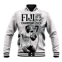 Custom Fiji Rugby Pacific Champions 2024 Baseball Jacket Anniversary 7 Titles - Fijians Rugby and Tapa Hibiscus White Art