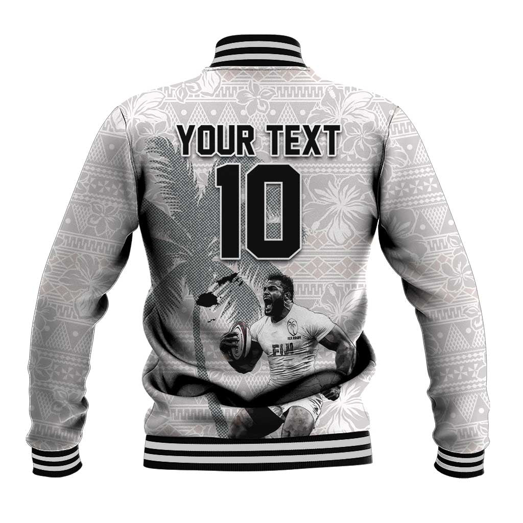 Custom Fiji Rugby Pacific Champions 2024 Baseball Jacket Anniversary 7 Titles - Fijians Rugby and Tapa Hibiscus White Art