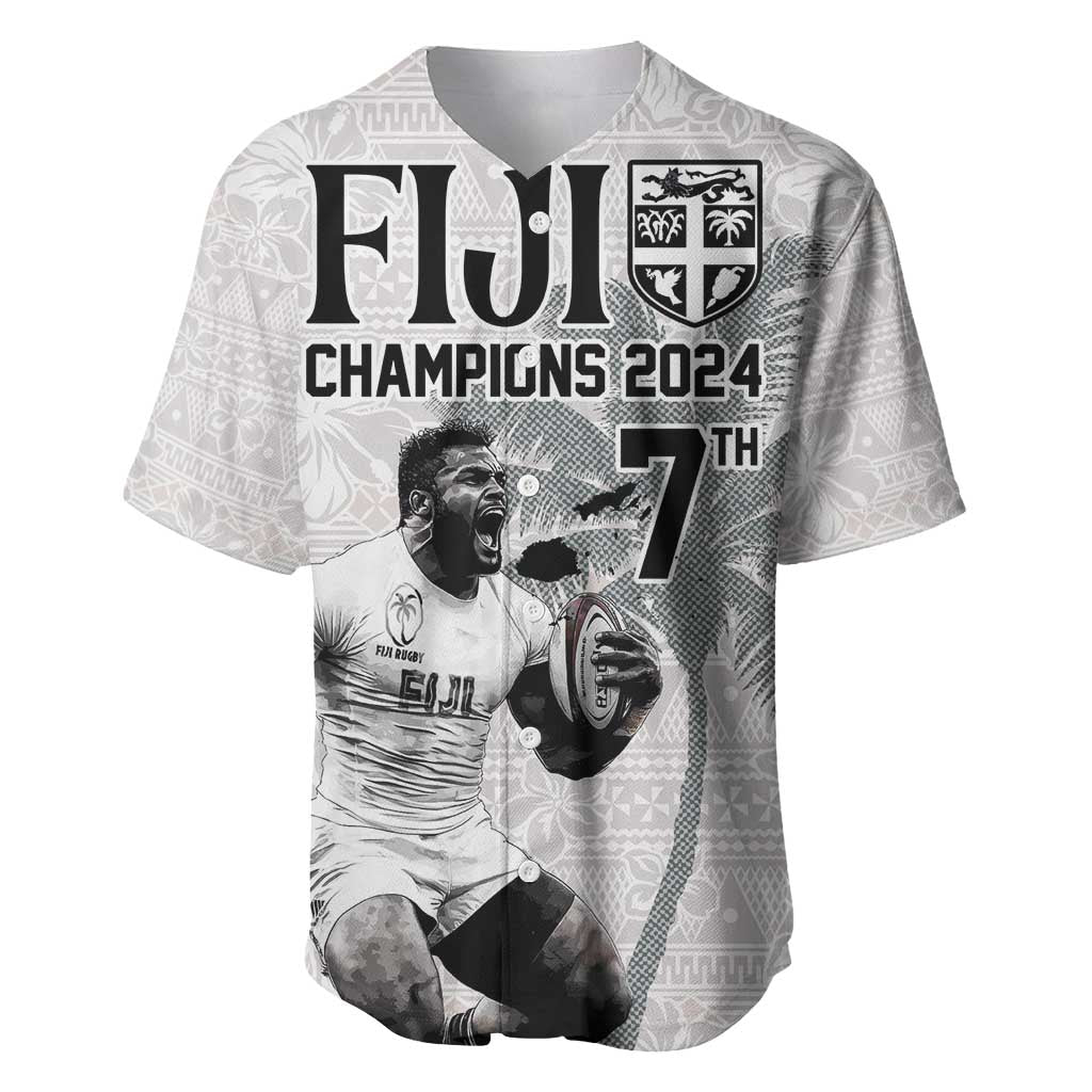 Custom Fiji Rugby Pacific Champions 2024 Baseball Jersey Anniversary 7 Titles - Fijians Rugby and Tapa Hibiscus White Art LT03 White - Polynesian Pride