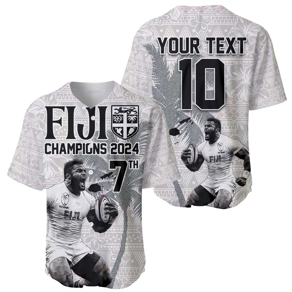 Custom Fiji Rugby Pacific Champions 2024 Baseball Jersey Anniversary 7 Titles - Fijians Rugby and Tapa Hibiscus White Art LT03 - Polynesian Pride