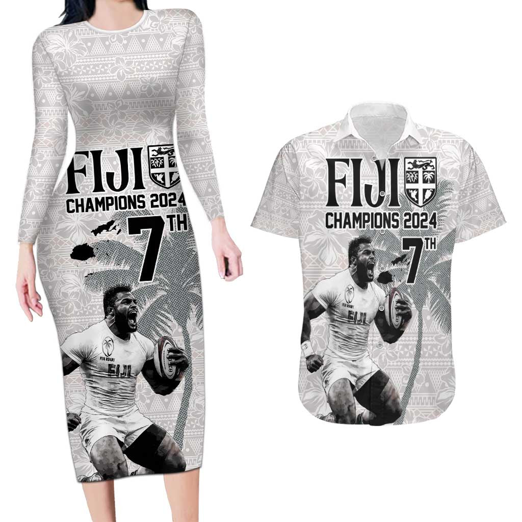 Custom Fiji Rugby Pacific Champions 2024 Couples Matching Long Sleeve Bodycon Dress and Hawaiian Shirt Anniversary 7 Titles - Fijians Rugby and Tapa Hibiscus White Art LT03 White - Polynesian Pride