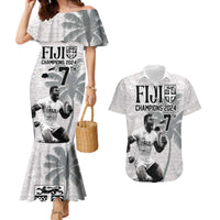 Custom Fiji Rugby Pacific Champions 2024 Couples Matching Mermaid Dress and Hawaiian Shirt Anniversary 7 Titles - Fijians Rugby and Tapa Hibiscus White Art LT03 White - Polynesian Pride