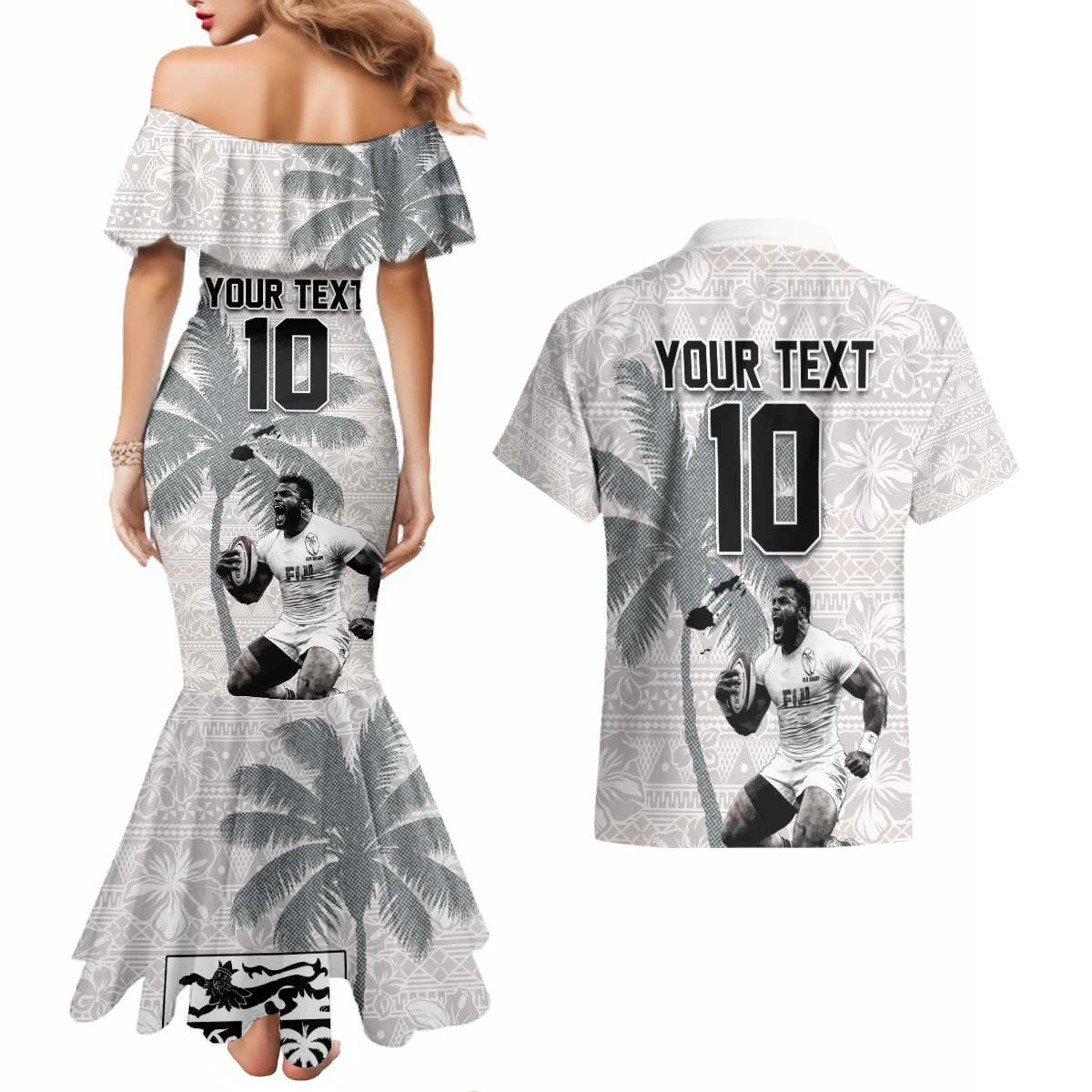 Custom Fiji Rugby Pacific Champions 2024 Couples Matching Mermaid Dress and Hawaiian Shirt Anniversary 7 Titles - Fijians Rugby and Tapa Hibiscus White Art LT03 - Polynesian Pride