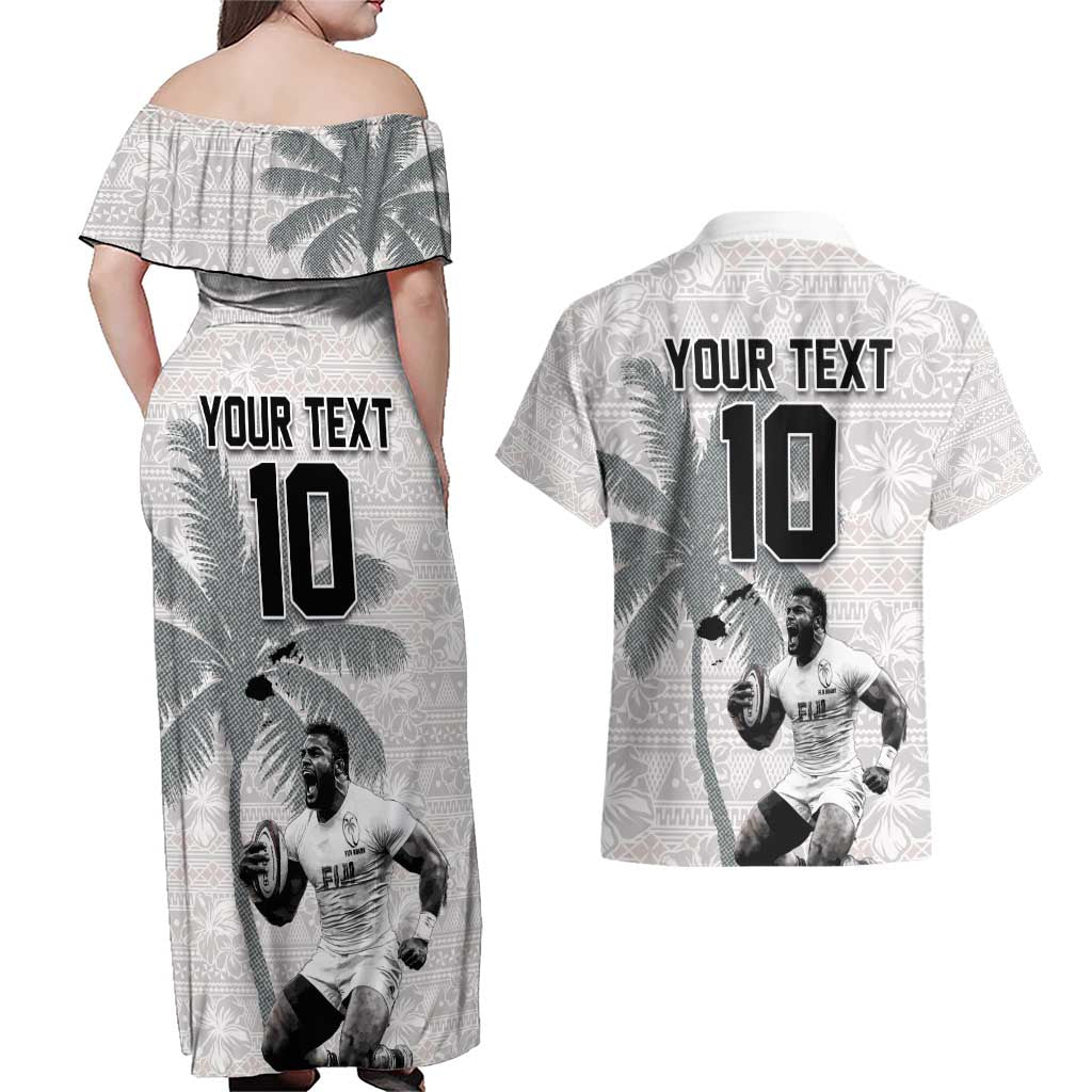Custom Fiji Rugby Pacific Champions 2024 Couples Matching Off Shoulder Maxi Dress and Hawaiian Shirt Anniversary 7 Titles - Fijians Rugby and Tapa Hibiscus White Art LT03 - Polynesian Pride