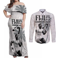 Custom Fiji Rugby Pacific Champions 2024 Couples Matching Off Shoulder Maxi Dress and Long Sleeve Button Shirt Anniversary 7 Titles - Fijians Rugby and Tapa Hibiscus White Art LT03 White - Polynesian Pride