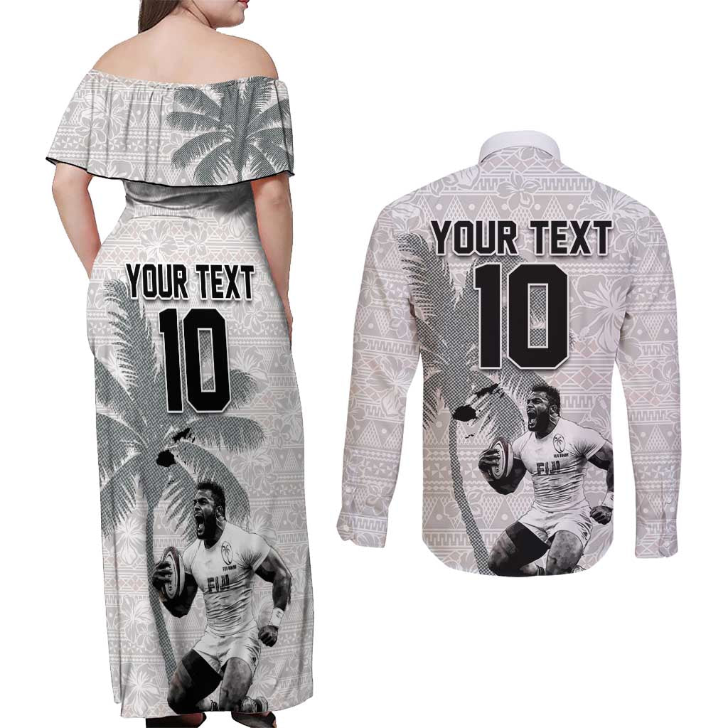 Custom Fiji Rugby Pacific Champions 2024 Couples Matching Off Shoulder Maxi Dress and Long Sleeve Button Shirt Anniversary 7 Titles - Fijians Rugby and Tapa Hibiscus White Art LT03 - Polynesian Pride