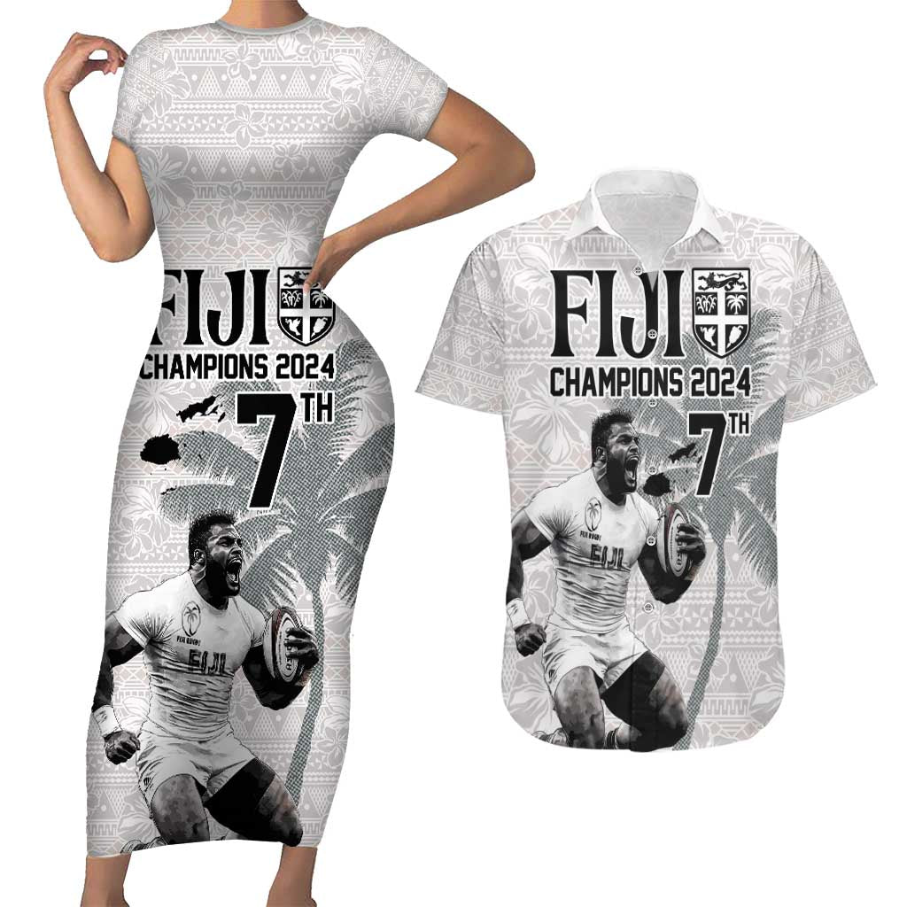 Custom Fiji Rugby Pacific Champions 2024 Couples Matching Short Sleeve Bodycon Dress and Hawaiian Shirt Anniversary 7 Titles - Fijians Rugby and Tapa Hibiscus White Art LT03 White - Polynesian Pride