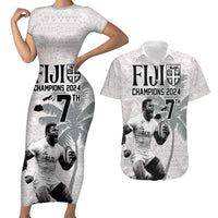 Custom Fiji Rugby Pacific Champions 2024 Couples Matching Short Sleeve Bodycon Dress and Hawaiian Shirt Anniversary 7 Titles - Fijians Rugby and Tapa Hibiscus White Art LT03 White - Polynesian Pride