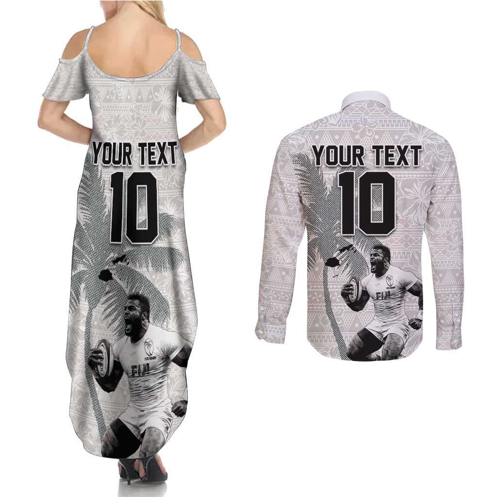 Custom Fiji Rugby Pacific Champions 2024 Couples Matching Summer Maxi Dress and Long Sleeve Button Shirt Anniversary 7 Titles - Fijians Rugby and Tapa Hibiscus White Art LT03 - Polynesian Pride