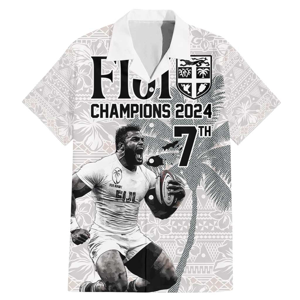 Custom Fiji Rugby Pacific Champions 2024 Family Matching Mermaid Dress and Hawaiian Shirt Anniversary 7 Titles - Fijians Rugby and Tapa Hibiscus White Art LT03 Dad's Shirt - Short Sleeve White - Polynesian Pride