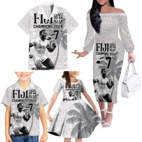 Custom Fiji Rugby Pacific Champions 2024 Family Matching Off The Shoulder Long Sleeve Dress and Hawaiian Shirt Anniversary 7 Titles - Fijians Rugby and Tapa Hibiscus White Art LT03 - Polynesian Pride