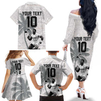 Custom Fiji Rugby Pacific Champions 2024 Family Matching Off The Shoulder Long Sleeve Dress and Hawaiian Shirt Anniversary 7 Titles - Fijians Rugby and Tapa Hibiscus White Art LT03 - Polynesian Pride