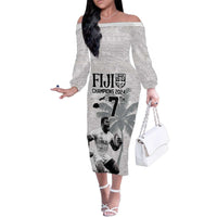 Custom Fiji Rugby Pacific Champions 2024 Family Matching Off The Shoulder Long Sleeve Dress and Hawaiian Shirt Anniversary 7 Titles - Fijians Rugby and Tapa Hibiscus White Art LT03 Mom's Dress White - Polynesian Pride