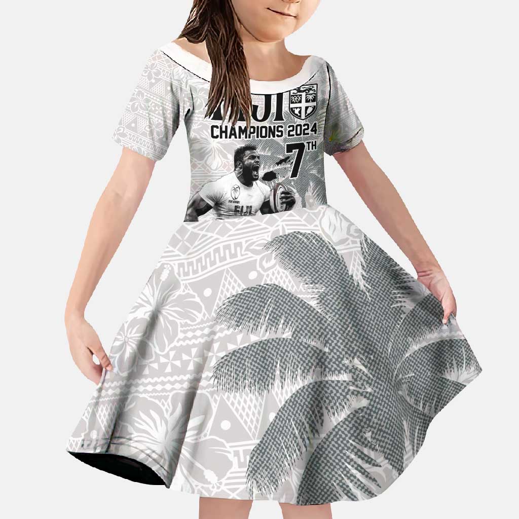 Custom Fiji Rugby Pacific Champions 2024 Family Matching Off Shoulder Maxi Dress and Hawaiian Shirt Anniversary 7 Titles - Fijians Rugby and Tapa Hibiscus White Art LT03 Daughter's Dress White - Polynesian Pride