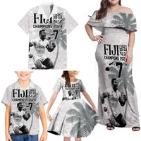 Custom Fiji Rugby Pacific Champions 2024 Family Matching Off Shoulder Maxi Dress and Hawaiian Shirt Anniversary 7 Titles - Fijians Rugby and Tapa Hibiscus White Art LT03 - Polynesian Pride