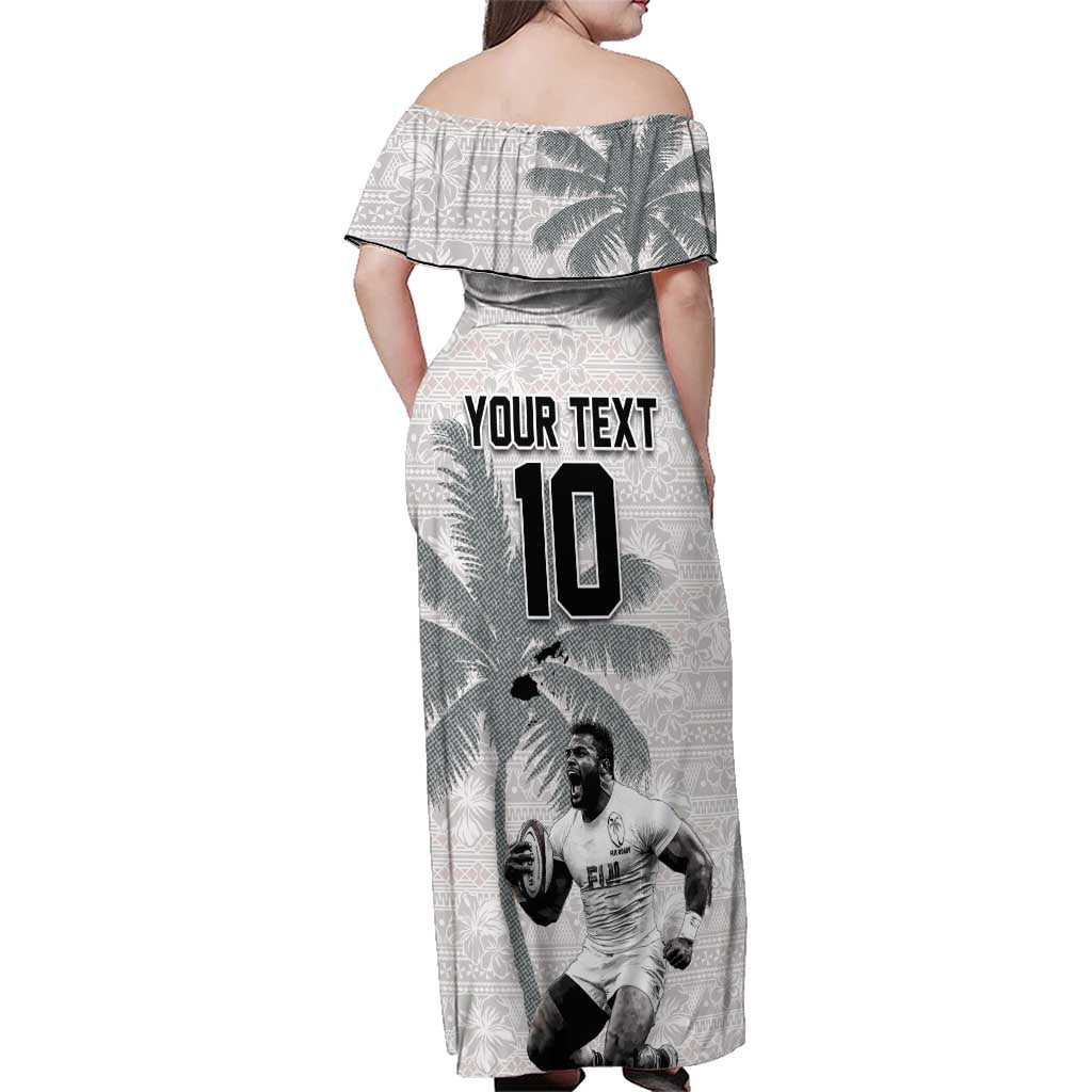Custom Fiji Rugby Pacific Champions 2024 Family Matching Off Shoulder Maxi Dress and Hawaiian Shirt Anniversary 7 Titles - Fijians Rugby and Tapa Hibiscus White Art LT03 - Polynesian Pride