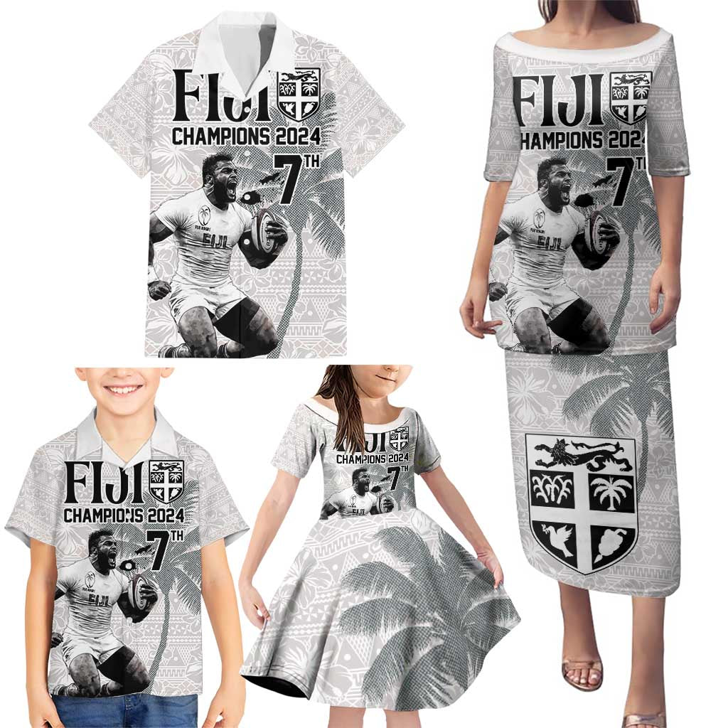 Custom Fiji Rugby Pacific Champions 2024 Family Matching Puletasi and Hawaiian Shirt Anniversary 7 Titles - Fijians Rugby and Tapa Hibiscus White Art LT03 - Polynesian Pride