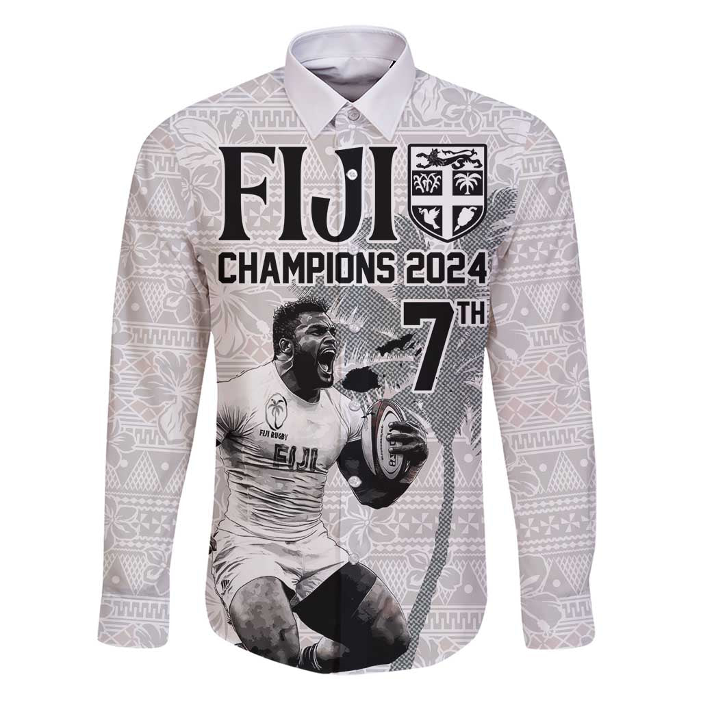 Custom Fiji Rugby Pacific Champions 2024 Family Matching Puletasi and Hawaiian Shirt Anniversary 7 Titles - Fijians Rugby and Tapa Hibiscus White Art LT03 Dad's Shirt - Long Sleeve White - Polynesian Pride